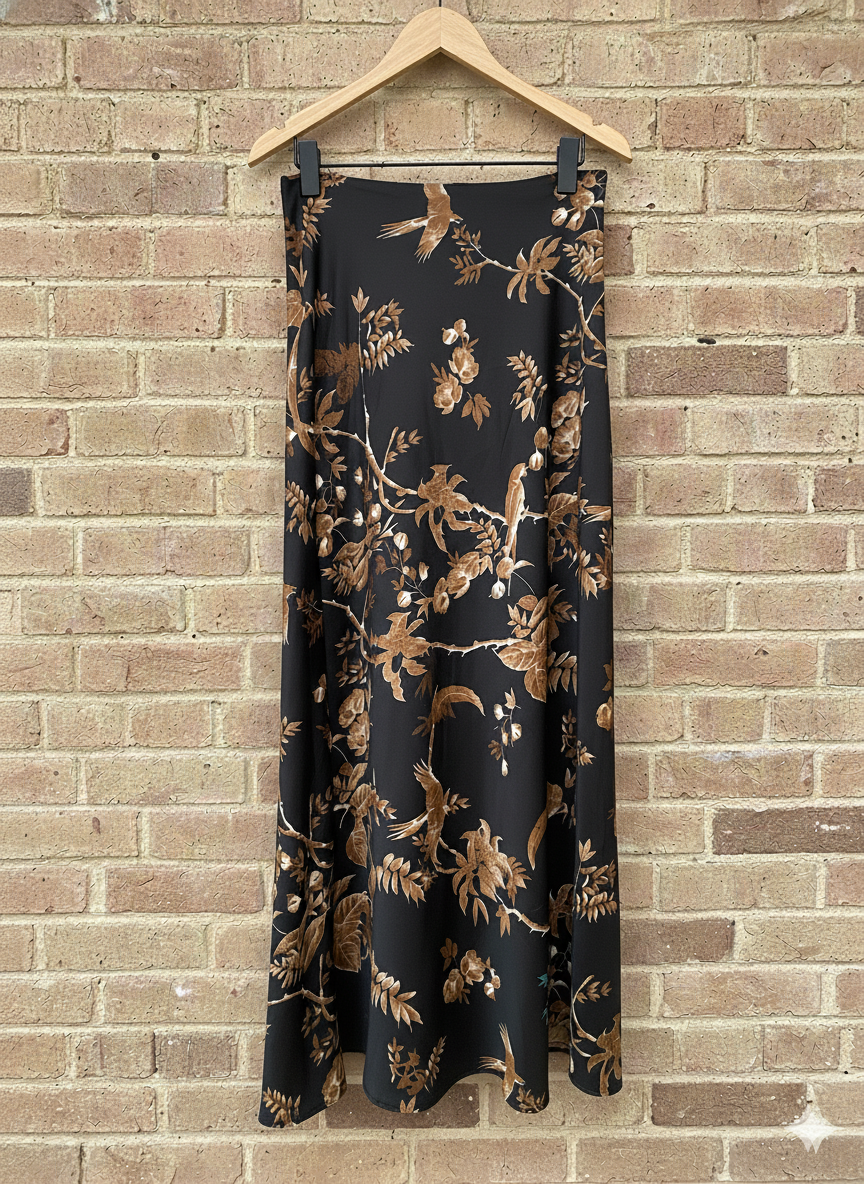 Falda de raso con estampado de flores y pájaros. En 3 tonos