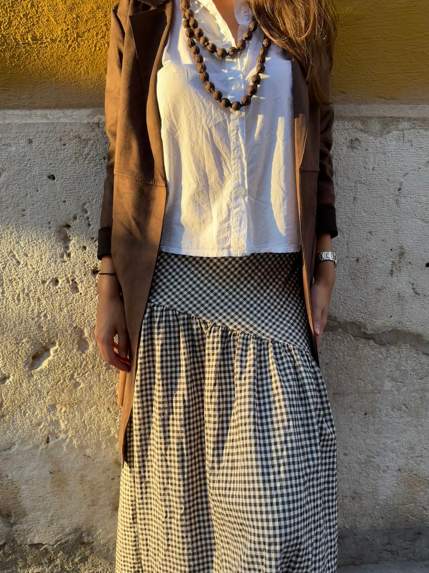 Falda larga de cuadro vichy gris