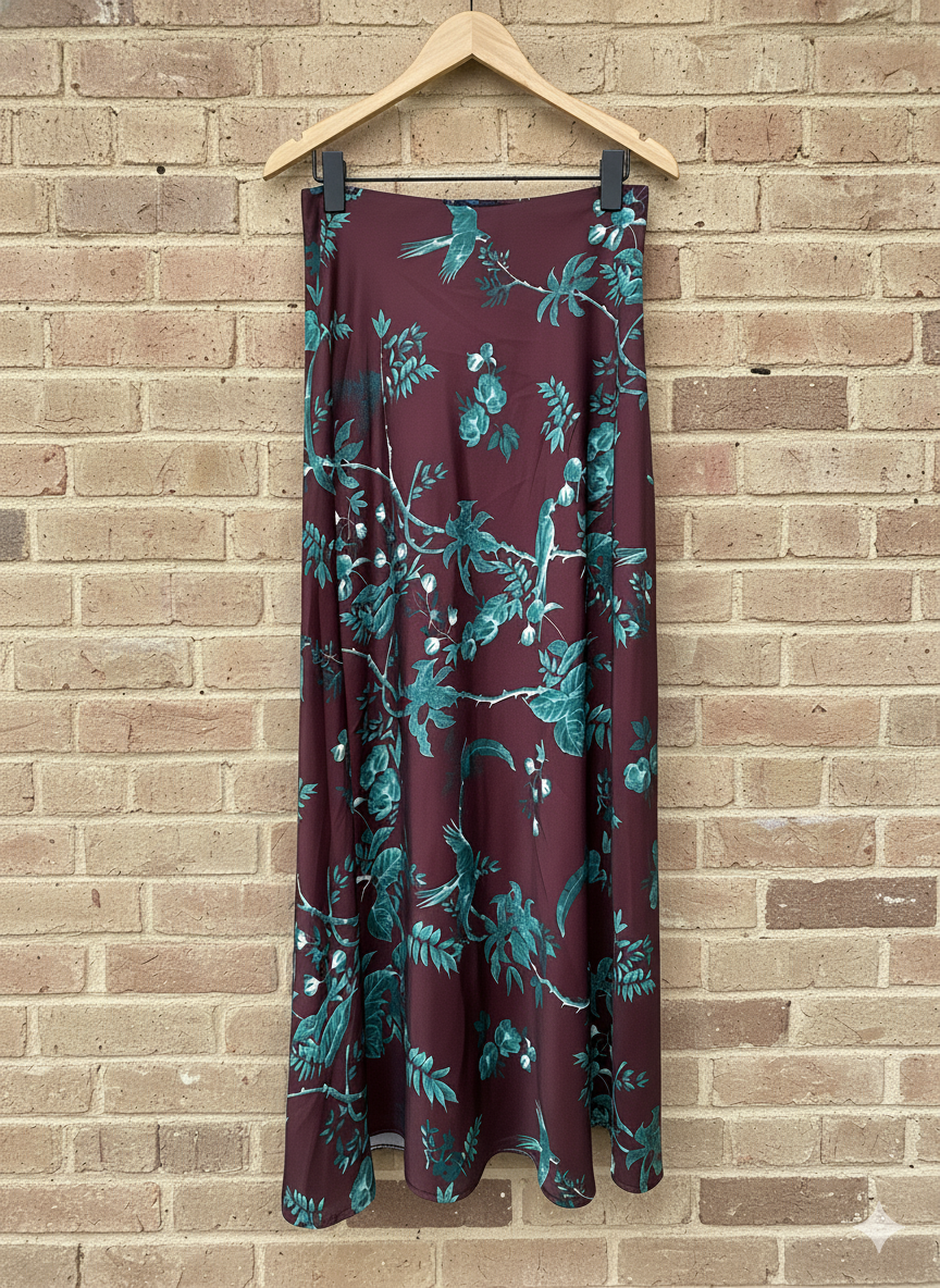 Falda de raso con estampado de flores y pájaros. En 3 tonos