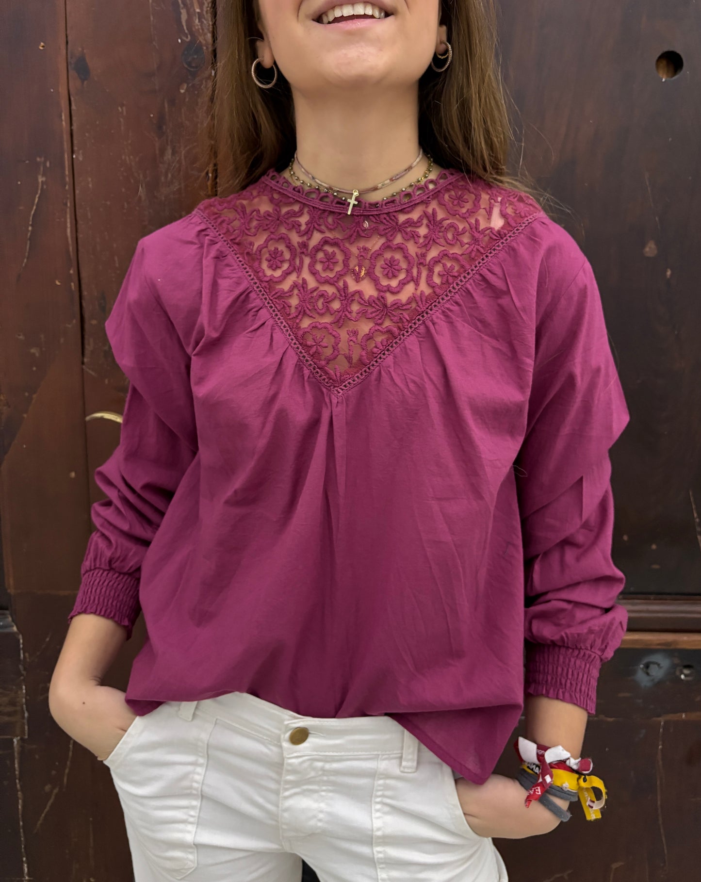 Camisa romántica fresa