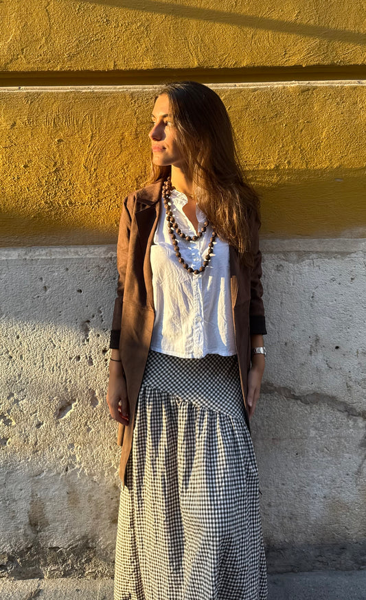 Falda larga de cuadro vichy gris