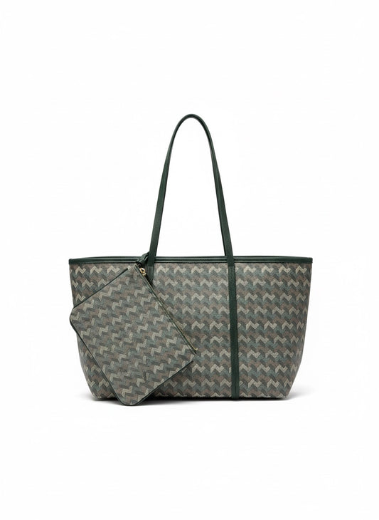 Bolso estampado verde geométrico + cartera a juego