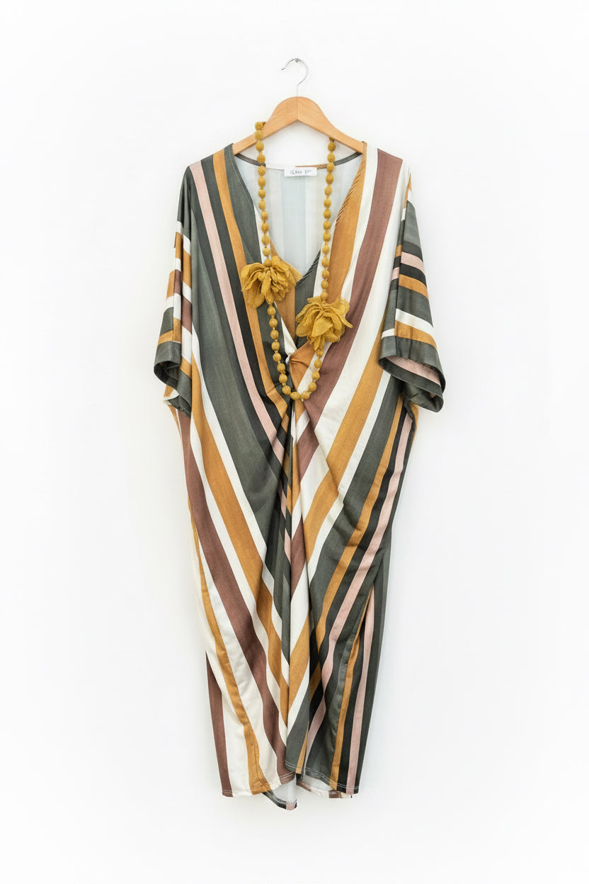 Vestido/Kaftan de seda fría de rayas en dos tonos