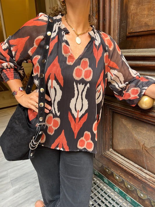 Camisa de gasa estampada negra/caldera