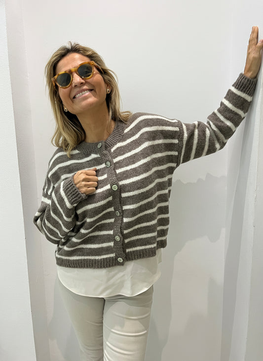 Chaqueta de lana de rayas topo y beige