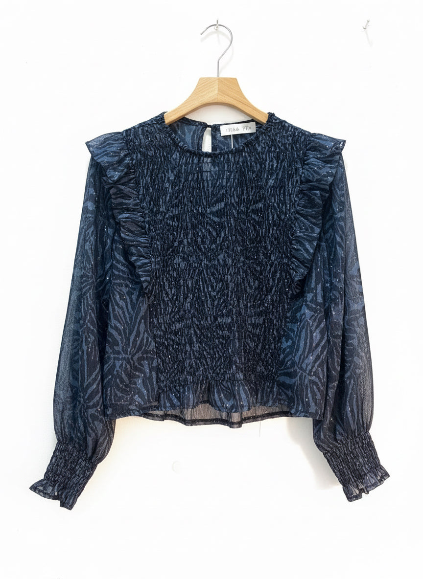 Camisa de gasa fruncida con volantes animal print