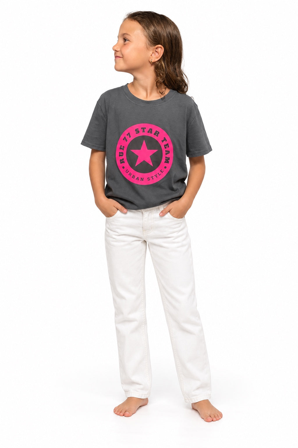 Camiseta Rue GRIS logo ROSA flúor