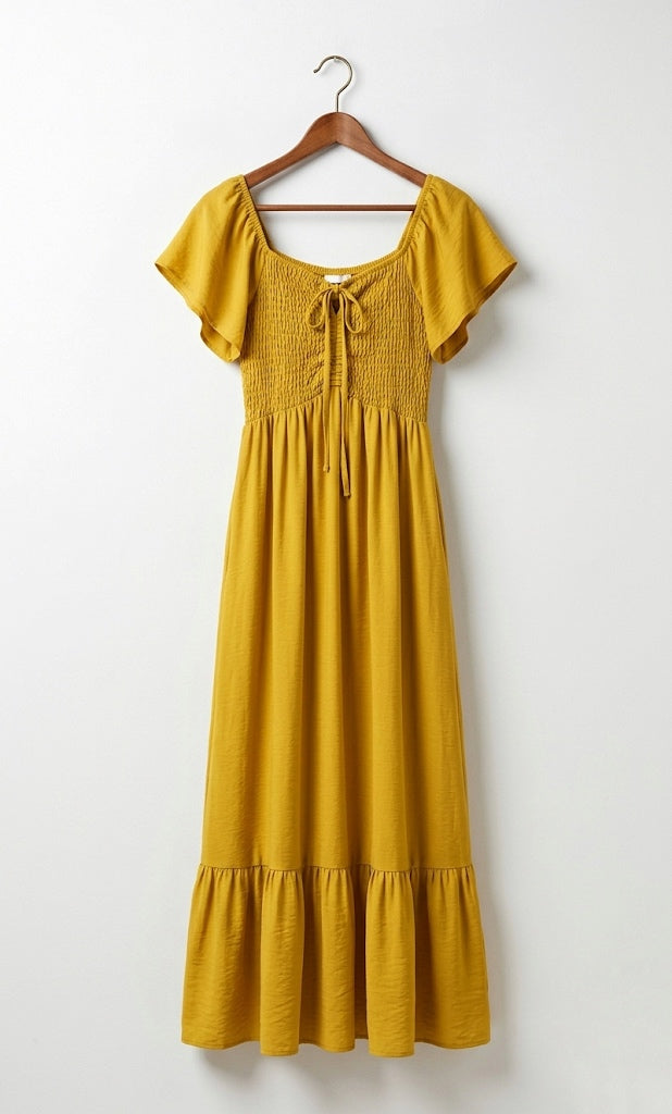 Vestido mostaza con frunce