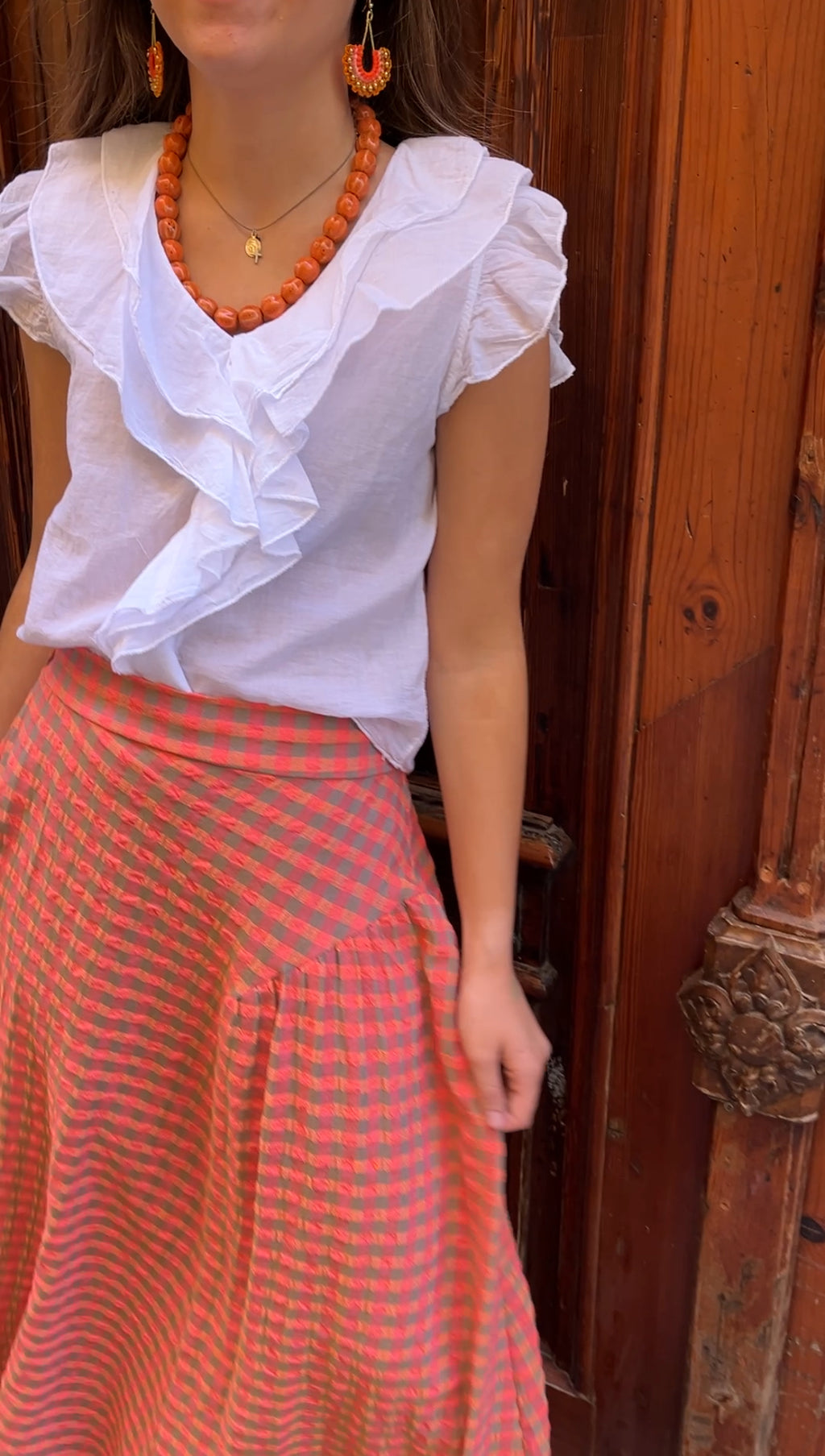 Falda Vichy flúor naranja