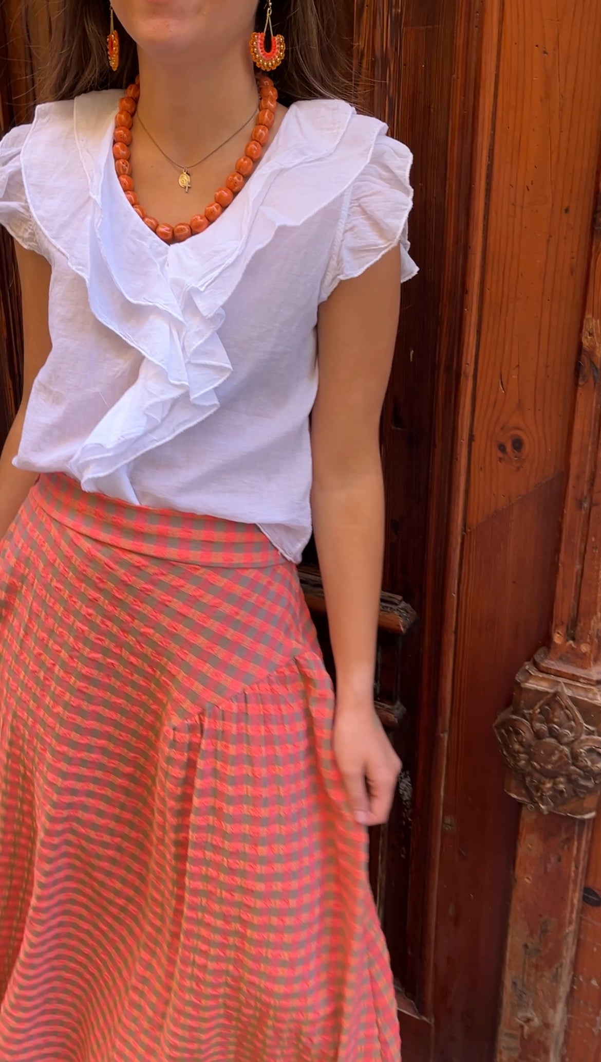 Falda Vichy flúor naranja