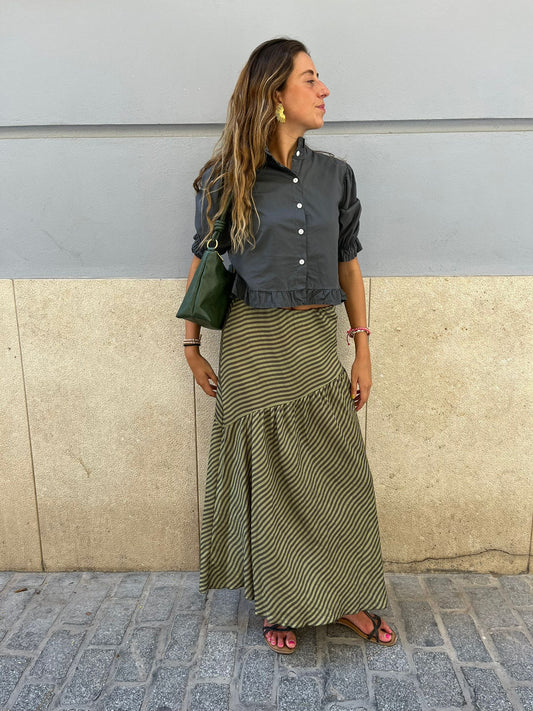 Falda oblicua rayas verde-gris