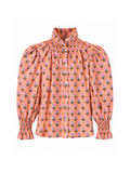 Camisa india de flores y fondo coral con cuello y puños fruncidos