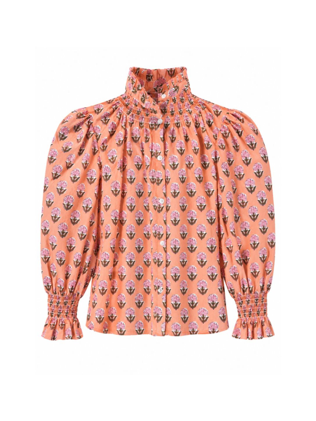 Camisa india de flores y fondo coral con cuello y puños fruncidos