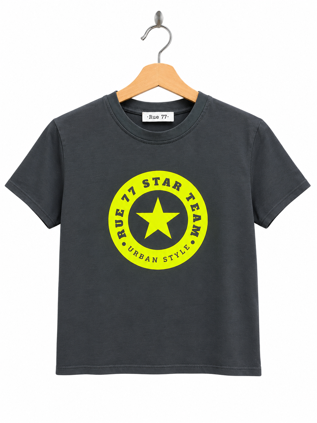 Camiseta Rue GRIS logo AMARILLO flúor