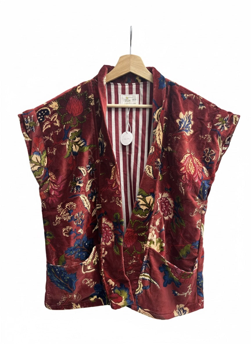 Chaleco de terciopelo estampado de flores con forro de rayas