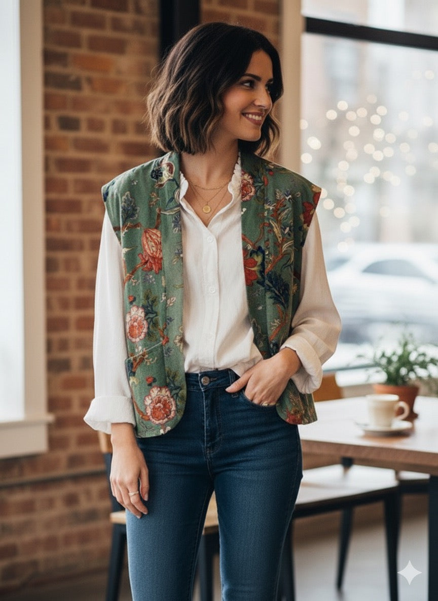 Chaleco de terciopelo estampado de flores con forro de rayas