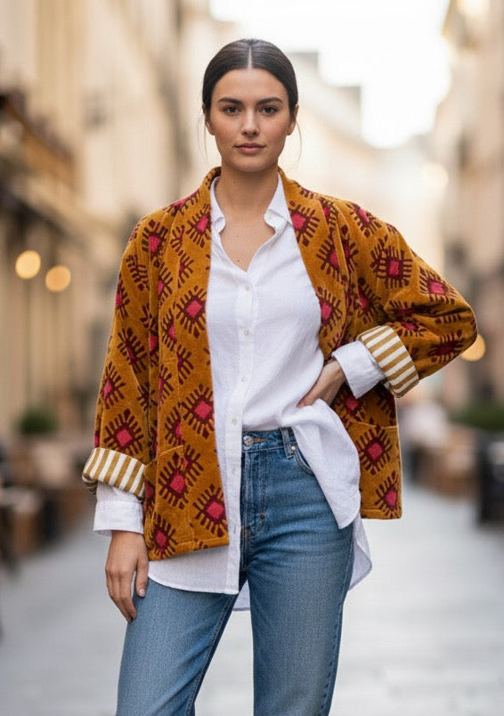 Chaqueta de terciopelo estampada con interior de rayas