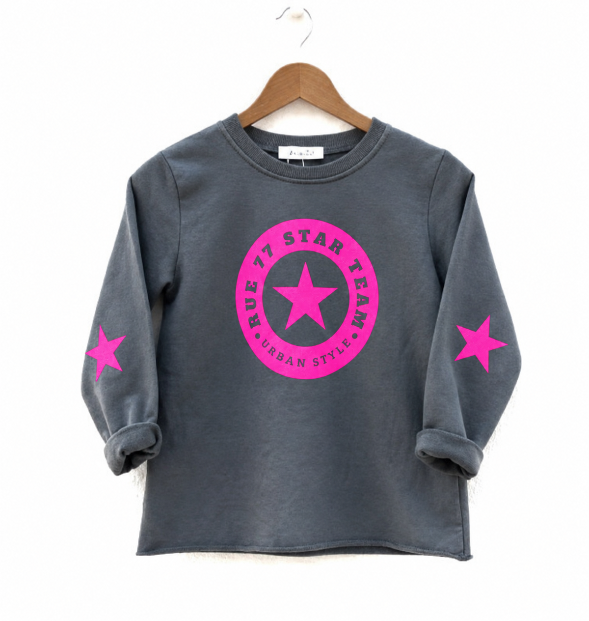 Sudadera Rue GRIS logo ROSA fluor