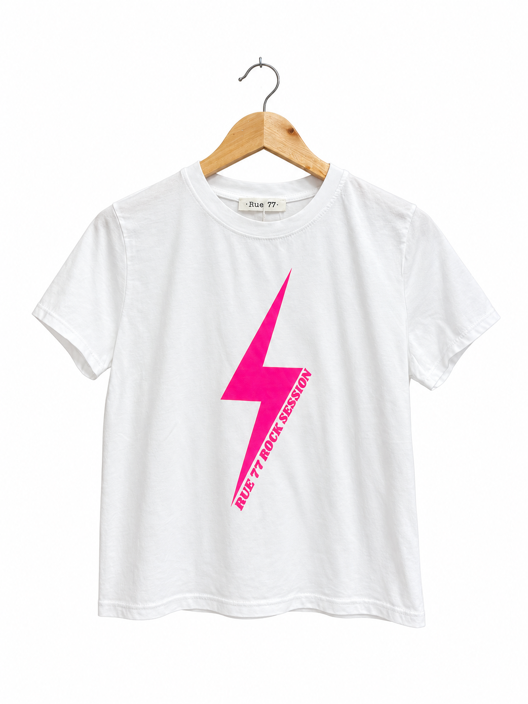 Camiseta Rue BLANCA rayo ROSA flúor