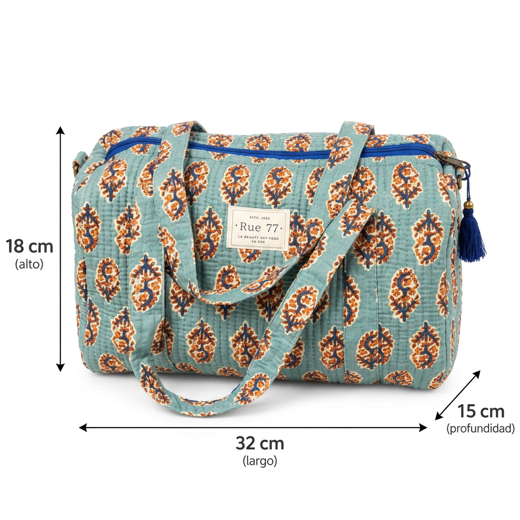 Bolsa extraescolar azul: 32 cm de largo, 18 cm de alto y 15 cm de profundidad