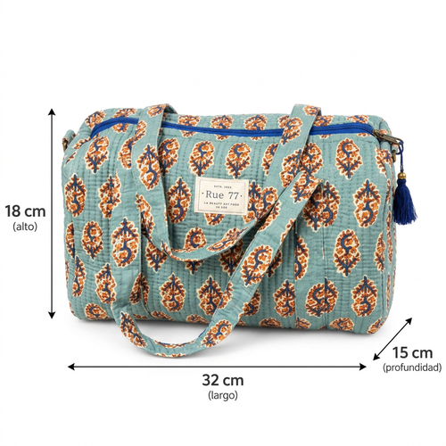 Bolsa extraescolar azul: 32 cm de largo, 18 cm de alto y 15 cm de profundidad
