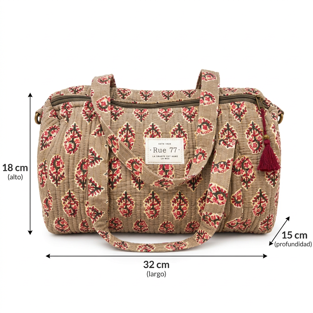 Bolsa extraescolar beige: 32 cm de largo, 18 cm de alto y 15 cm de profundidad